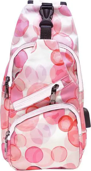Nupouch Anti-Theft Daypack Crossbody Sling Backpack, USB Charging Connector Port, Lightweight Day Pack for Travel, Hiking, Everyday, Regular, Pink Bubbles