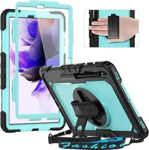 Timecity Case for Samsung Galaxy Tab S8 Plus 12.4 inch 2022/Tab S7 FE 12.4 inch 2021 & Tab S7 Plus 12.4'' 2020 with Built-in Screen Protector&Swivel Kickstand&Hand Strap&Shoulder Strap -Light Blue