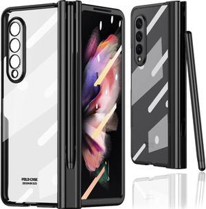 Miimall for Samsung Galaxy Z Fold 3 Case with Pen, Z Fold 3 Case + S Pen + Pen Holder + Tempered Glass Screen Luxury Crystal Clear Case for Samsung Galaxy Z Fold 3 5G (Black)