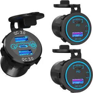 12V USB Outlet Laptop Charger: Newest 2 Pack 65W USB-C PD3.0 and 18W QC3.0 Multi Car USB Port 12V Socket