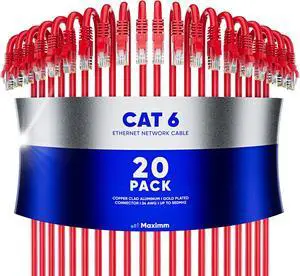 Maximm Cat 6 Ethernet Cable 8 ft (20-Pack) - High-Speed LAN Cable, Internet Cable, Patch Cable, and Network Cable - UTP, 10Gbps, 550MHz Ethernet Cord - Red