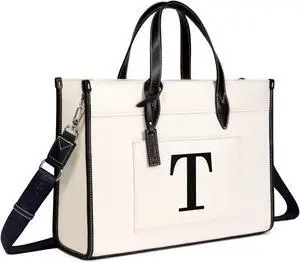 TOPDesign Initial Laptop Tote Bag for Women, Stylish Canvas Bag for 15.6 Inch Computer, Personalized Monogrammed Work Purse, Large Casual Business Briefcase, Office Handbag, Perfect Gifts for Her