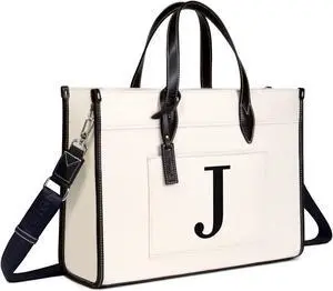 TOPDesign Initial Laptop Tote Bag for Women, Stylish Canvas Bag for 15.6 Inch Computer, Personalized Monogrammed Work Purse, Large Casual Business Briefcase, Office Handbag, Perfect Gifts for Her