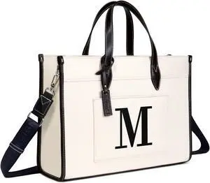 TOPDesign Initial Laptop Tote Bag for Women, Stylish Canvas Bag for 15.6 Inch Computer, Personalized Monogrammed Work Purse, Large Casual Business Briefcase, Office Handbag, Perfect Gifts for Her