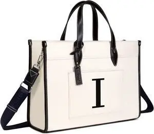 TOPDesign Initial Laptop Tote Bag for Women, Stylish Canvas Bag for 15.6 Inch Computer, Personalized Monogrammed Work Purse, Large Casual Business Briefcase, Office Handbag, Perfect Gifts for Her