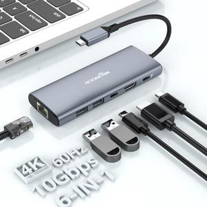 4K@60Hz USB C Hub with Ethernet, 6-in-1 Multiport Adapter with 4K@60Hz HDMI, 10Gbps USB3.0, 100W PD Charging and Gigabit Ethernet, MacBook Docking Station Compatible with Mac M1, M2, iPad, Steam Deck