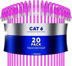 Maximm Cat 6 Ethernet Cable 5 ft (20-Pack) - High-Speed LAN Cable, Internet Cable, Patch Cable, and Network Cable - UTP, 10Gbps, 550MHz Ethernet Cord - Pink