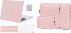 MOSISO Compatible with MacBook Pro 13 inch Case M2 M1 2023-2016, Plastic Hard Case&Square Quilted Vertical Sleeve Bag with Pocket&Small Case&Keyboard Skin&Screen Protector&Pouch,Rose Quartz&Chalk Pink
