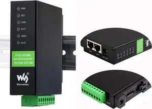 waveshare 2-CH RS485 to RJ45 Ethernet Serial Server with PoE Function, IEEE 802.3af Compliant, Rail-Mount Industrial Isolated Serial Module, Bi-Directional Transparent Transmission
