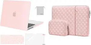 MOSISO Compatible with MacBook Pro 14 inch Case 2023-2021 M2 A2779 A2442 M1, Plastic Hard Shell Case&Square Quilted Vertical Sleeve Bag&Keyboard Cover&Screen Protector&Storage Bag, Chalk Pink