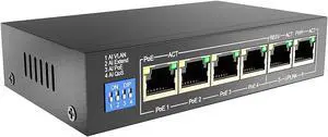 ENS 6 Ports PoE Switch, 4 PoE 60W, 100 Mbps 800 ft, Standard IEEE 802 3i/3u/3x/af/at Protocol, 30W max Power Every Single Port, 4 Working Mode, Perfect for IP Camera System, Wireless AP, IP Phone