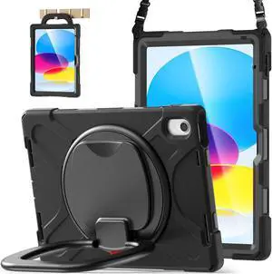 BATYUE iPad 10th Generation Case, Rugged Shockproof Protection Cover for 2022 10.9-inch iPad (10th Generation) with Screen Protector/Pencil Holder/ 360deg Swivel Stand/Shoulder Strap, for Kids - Black