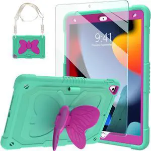 Ambison Case for iPad 9th/8th/7th Generation 10.2 inch,with Glass Screen Protector,Full-Body Rugged Shockproof Protective Cover with Stand,Shoulder Strap for iPad Kids(2021/2020/2019)-Mint