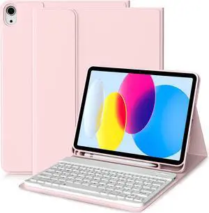 aoub for iPad 10th Generation Case with Detachable Bluetooth Keyboard, Smart Stand Folio Cover with Pencil Holder for iPad 10th Gen, Pink