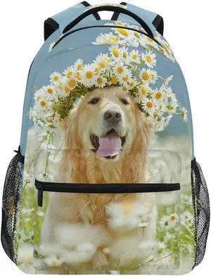 Pfrewn Golden Retriever Dog Happy Daisy Flowers Backpacks for Girls Boys Puppy Animals School Backpack Bookbags for Kids Students 16"