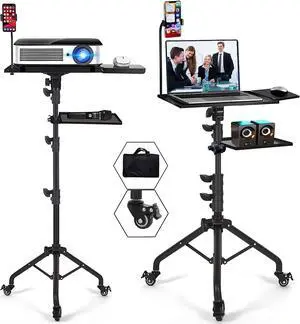 Asltoy Projector Tripod Stand with Wheels Adjustable Height Laptop Tripod Stand Treadmill Laptop Stand with 2 Shelves Mouse Tray Phone Holder Projector Tripod Music Stand Office Home Portable Laptop F