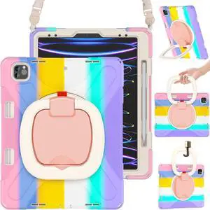 BRAECN for New iPad Air 13 Inch M2 Case 2024/ iPad Pro 12.9 Case 6th/5th/4th/3rd Generation, Heavy Duty Silicone Case w/ 360degSwivel Ring Stand/Kickstand/Shoulder Strap/Pencil Holder, Colorful Pink