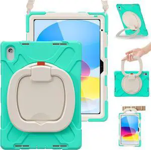 BRAECN Kids Case for iPad (A16) 11th/10th Generation 11/10.9'' 2025/2022-Shockproof Silicone Cover w/Screen Protector/Pencil Holder/Swivel Handle Grip/Kickstand/Carrying Shoulder Strap, Mint Green