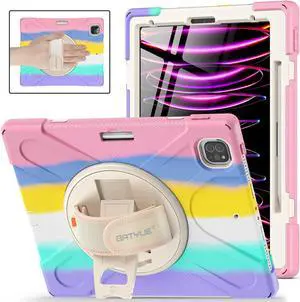 BATYUE iPad Pro 12.9 Case 6th/ 5th/ 4th/ 3rd Generation (2022/2021/ 2020/2018), Protection Cover with Pencil Holder, Shoulder Strap, Hand Strap, Kickstand (Colourful Pink)