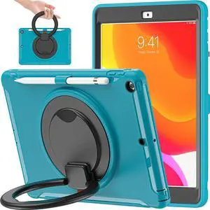 BATYUE for iPad 9th/ 8th/ 7th Generation Case (iPad 10.2 Case 2021/2020/2019) with Screen Protector,Rugged Case with Rotating Stand/Pencil Holder/Pencil Cap Holder (Light Blue)