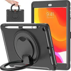 BATYUE for iPad 9th/ 8th/ 7th Generation Case (iPad 10.2 Case 2021/2020/2019) with Screen Protector,Rugged Case with Rotating Stand/Pencil Holder/Pencil Cap Holder (Black)