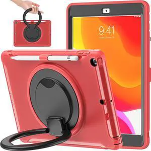 BATYUE for iPad 9th/ 8th/ 7th Generation Case (iPad 10.2 Case 2021/2020/2019) with Screen Protector,Rugged Case with Rotating Stand/Pencil Holder/Pencil Cap Holder (Red)