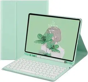 QIYIBOCASE Keyboard Case for iPad 10th Generation 2022,Round Keys Retro Detachable Magnets Wireless Keyboard Case with Pencil Holder for iPad 10 2022 (Mint Green)