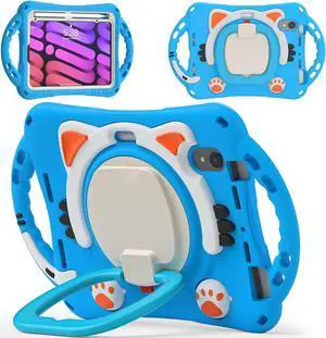 BATYUE Case for iPad Mini 7 (A17 Pro) 2024/ iPad Mini 6 (A15 Bionic) 2021 8.3 inch - Cute Astronaut Protective Case with Rotating Kickstand/Pencil Holder/Carrying Strap/Hand Strap, for Kids - Light
