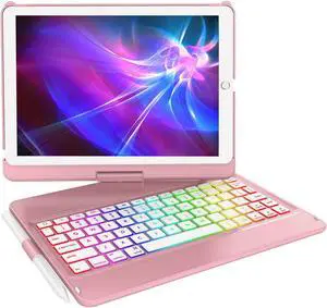 Keyboard Case for iPad 9th Generation,10 Color Backlight iPad Keyboard for 10.2-inch 9th /8th /7th /Air 3/Pro 10.5-inch,360deg Rotatable Protective Cover with Apple Pencil Holder(Rose Gold)