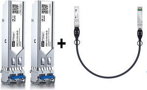 2 Pack 1000Base-LX SFP Module with 1G SFP Cable 0.5m, 1.25G Single Mode SFP LC Fiber Transceiver, 1G DAC Cable,Compatible with Cisco, Meraki, MikroTik, Ubiquiti, Unifi, Netgear, D-Link and More