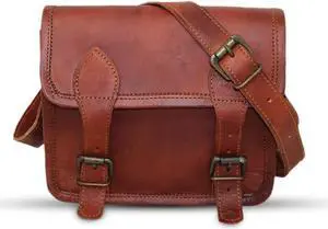 9" small Leather messenger bag shoulder bag cross body vintage messenger bag for women & men satchel man purse compatible with Ipad and tablet Brown