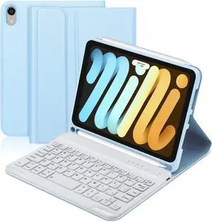 BORIYUAN iPad Mini 6 Keyboard Case 2021, Detachable Wireless Bluetooth Keyboard Slim Folio Smart Cover with Build-in Pencil Holder for iPad Mini 6th Generation 8.3 inch - Sky Blue