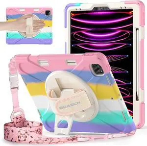 BRAECNstock Kids Case for Apple iPad Air 13 inch 2024 7th Gen iPad Pro 12.9 inch 6th 5th 4th 3rd Gen with Pen Holder Rotating Hand Strap + Stand Shockproof Protective iPad Kids Case - Colorful Pink