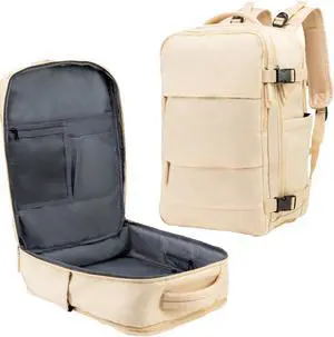 (Not Made In China) Travel Backpack For Men and Women, Airline Approved Carry On Bag w/Shoe Compartment, Fits 16 inch Laptop Computer, Personal Item Bag w/USB Charging Port (Columbus, Beige, 1 Pack)
