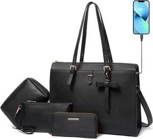 Keyli Laptop Tote Bag for Women Waterproof Leather Work Laptop Briefcase with Built-in USB Charging Port Computer Shoulder Bags Fits 15.6 Inch, Business Handbag Purse 4pcs Set Black