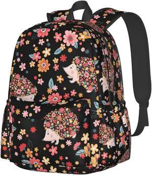 KiuLoam 17 Inch Backpack Flowers And Cute Hedgehogs Laptop Backpack Shoulder Bag School Bookbag Casual Daypack