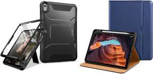 DTTO Case Compatible with iPad 10th Generation 10.9 inch 2022,Durable Shockproof Full Body Protective and Premium Leather Folio Stand Case Black & Navy Blue