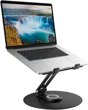Swivel Laptop Stand for Desk, Adjustable Height Aluminum Computer Stand with 360 Rotating Base, Foldable Ergonomic Riser, Portable Laptop Holder Compatible with MacBook, All Laptops 10-17'', Black