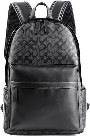 Leather Laptop Backpack for Men Women, School College Bookbag Casual Travel Daypack (Black)