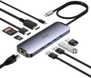 USB C Hub HDMI 4K60Hz, USB C Docking Station to DisplayPort, USB-C Thunderbolt 3 Hub Laptop Docking Station Dual Monitor with Ethernet, PD, USB3.0, SD/TF Card Reader Compatible for Windows/Mac