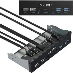 MZHOU USB2.0 + 3.0 Metal Front, 5.25 inch 19Pin Front Panel Adapter, 4 USB 3.0 Port hubs and (1HD Audio Port / 1TPY-C Port / 1 Microphone Input)