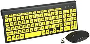 FONICER Full Size Large Print 2.4g Wireless Keyboard and Mouse with Oversized Print for Kids Visually Impaired Low Vision Individuals (Yellow)