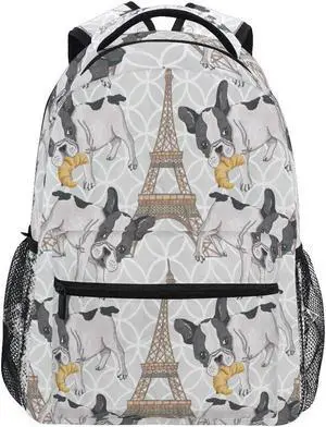 AUUXVA Backpack Paris Eiffel Tower French Bulldog School Shoulder Bag Large Waterproof Durable Bookbag Laptop Daypack for Students Teens Girls Boys Elementary