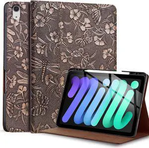Gexmil Genuine Leather Case for iPad mini 7 (A17 Pro) 2024 / iPad mini 6 Generation 2021 8.3 Inch,Pencil Holder,Shockproof Cowhide Cover,Auto Sleep/Wake,Pencil 2 Wireless Charging,Butterfly Pattern