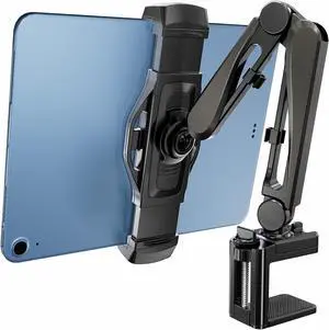 ergounion iPad Stand for Desk/Headboard, Tablet Mount with Cable Management, Tablet Holder for Recording/Filming, Black