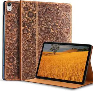 Gexmil Leather Case for iPad (A16) 11th Generation 11 Inch 2025, iPad 10th Generation 10.9 Inch 2022,Protective Full Grain Leather Cover Support Auto Sleep/Wake,Anti Slip,Pattern-Brown