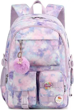 Laptop Backpacks 15.6 Inch College Backpack Elementary Middle High School Book Bag Cute Bookbags Anti Theft Travel Back Pack Casual Daypack Kids for Teens Girls Women Students (Tie-Dye Purple)