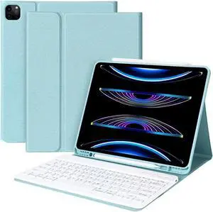 HOTLIFE Magic Keyboard for iPad Pro 12.9-inch (5th/4th/3rd Gen), Wireless Detachable Keyboard, Honeycomb Cover with Pencil Holder, Lake Blue
