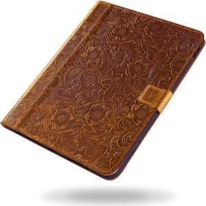 Gexmil Case for iPad 10.2 Inch,9th/8th/7th Generation(2021/2020/2019) Genuine Leather Cover Auto Sleep/Wake,Cowhide Folio Cover with Adjustable Stand with Buckle,Anti Slip,Flower Brown