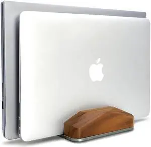 GEVO Dual Laptop Holder Vertical Laptop Stand, Natural Wood, Adjustable Dock, Wooden Laptop Stand, Vertical Laptop Holder for Desk, Widen Dock Fits All MacBook/Surface Pro 2 Devices (Black Walnut)